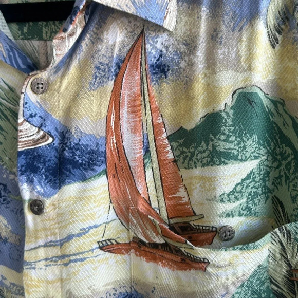 Pierre Cardin Vintage Rayon Hawaiian Sailboat Landscape Shirt Size Large - Picture 6 of 8
